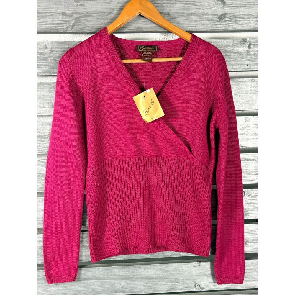 Berretti Italy Raspberry Pink Merino Wool Wrap V-Neck Sweater NWT M Vintage 80s